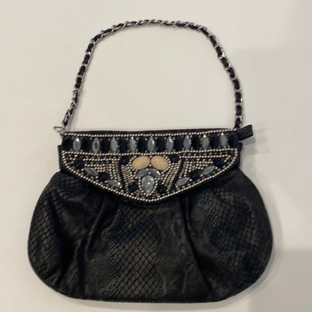 Chico’s Black Faux Leather/Suede Snakeskin Shoulder Bag Bead & Jewel Embellished